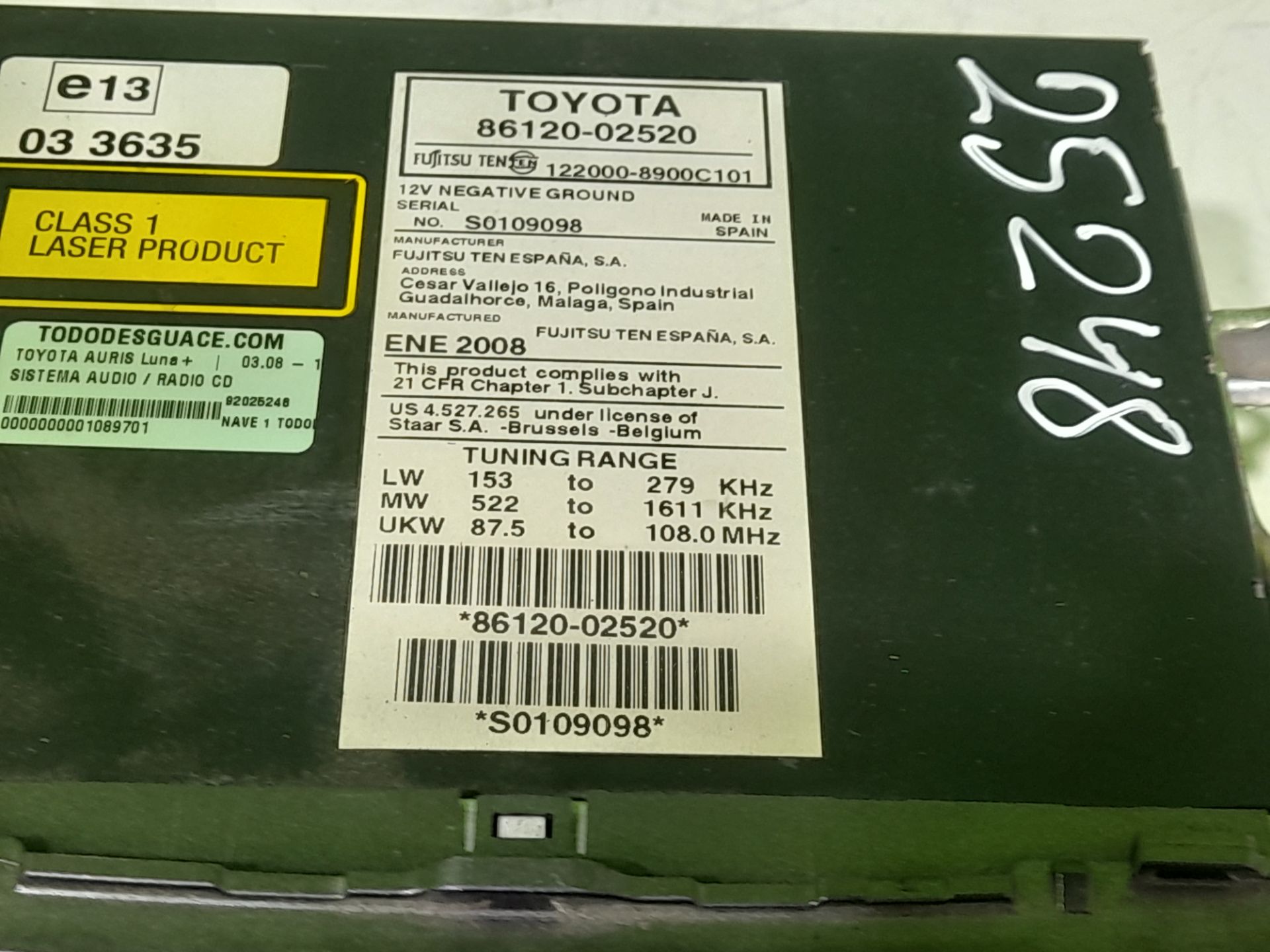 Sistema audio / radio cd toyota auris (e15) luna+