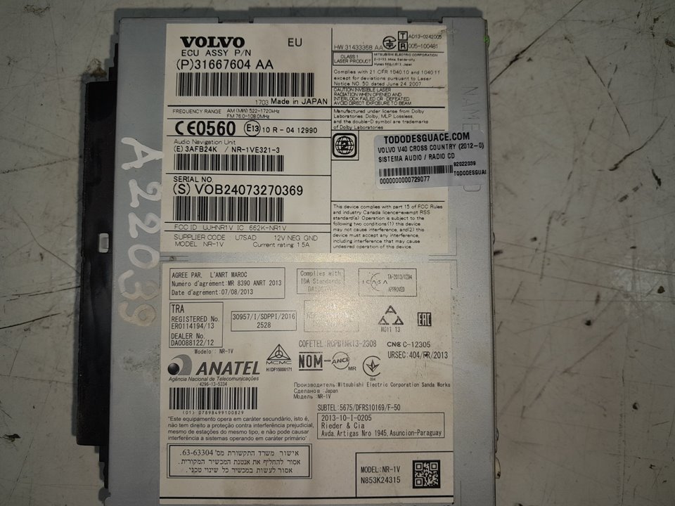 Sistema audio / radio cd volvo v40 fastback d3